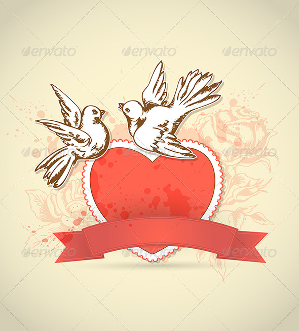 Vintage Card with Red Heart and Dove - Valentines Seasons/Holidays