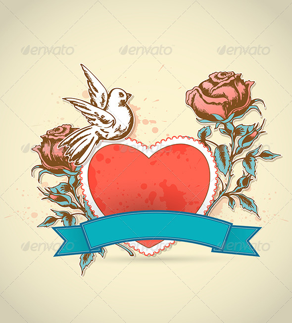 Red Heart, Roses and Dove - Valentines Seasons/Holidays