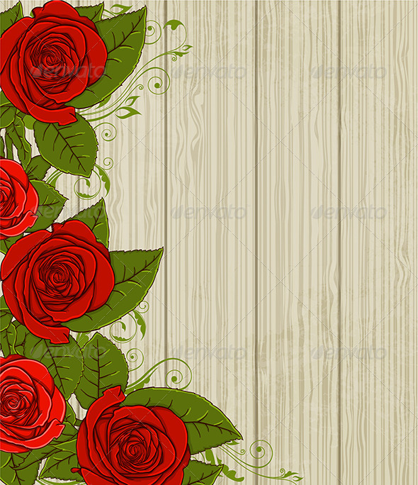 Wooden Background with Red Roses - Flowers & Plants Nature