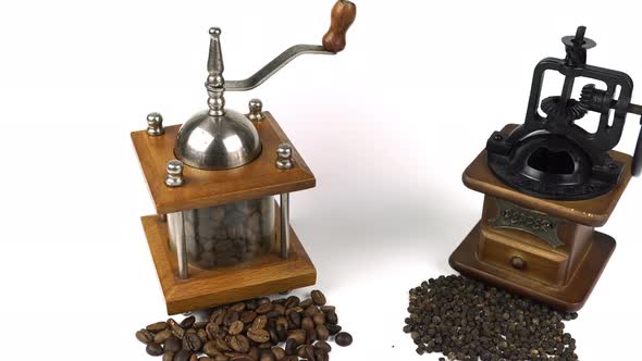 Retro Coffee Mill With Coffee Beans And Peppers