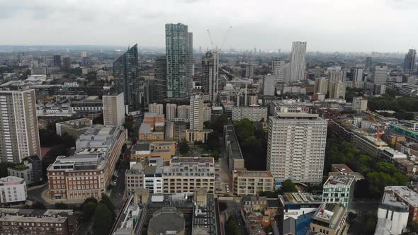 Panoramic aerial view of Clerkenwell, Islington with the London skyline in the distance alt