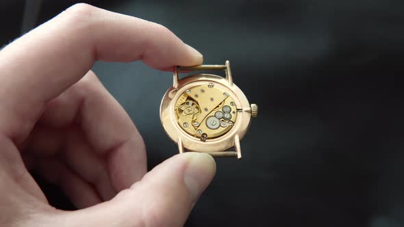 Watchmaker Shows Clockwork Mechanism with Jewels Closeup