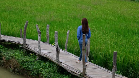 A beautiful young asian woman walking across bamboo bridge in paddy field