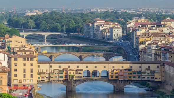 View on The Ponte Vecchio Early Morning Timelapse, a Medieval Stone Segmental Arch Bridge Over the alt
