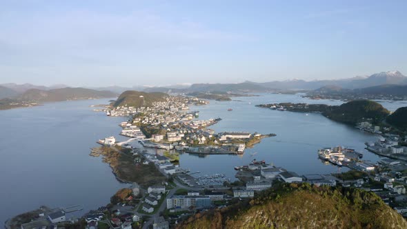 Alesund City on the West Coast of Norway at Sunset Aerial View alt