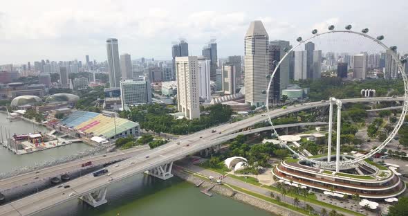 Aerial Footage of Sinapore Flyer, Drone's Moving Towards the Highway, Singapore