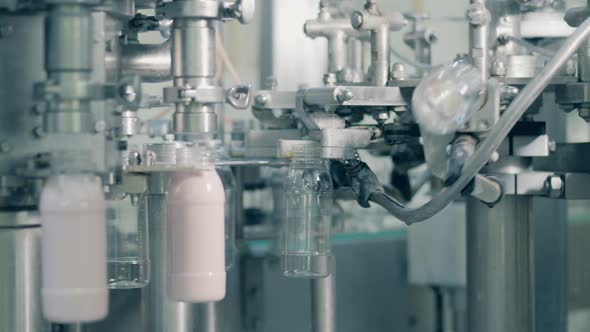 Automated Production Line at a Food Factory. Process of Filling Bottles with Yogurt at a Factory alt