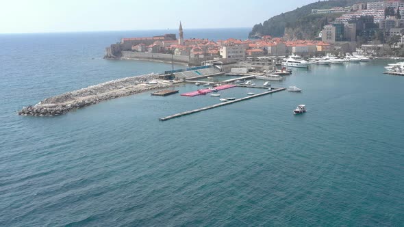 Aerial view of ancient Balkan's town and marina