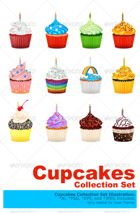 Cupcakes Vector Illustration Collection Set - Food Objects