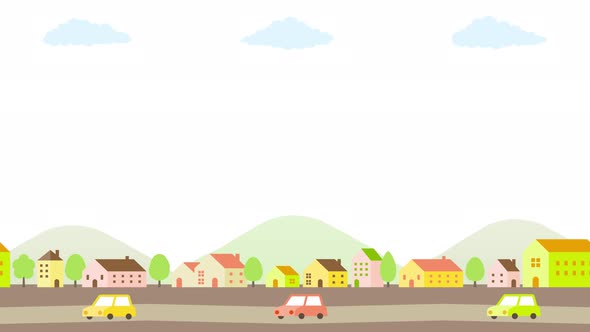 Simple townscape background, illustration of houses and cars and mountain (4K)