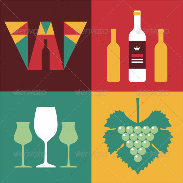Wine Icons in Flat Design Style - Food Objects