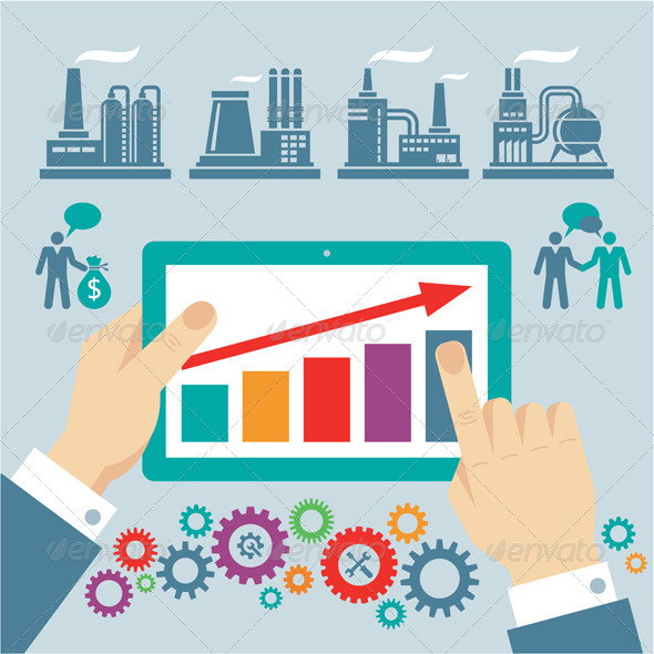 Tablet PC with Hands & Factory Icons - Concepts Business