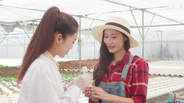 Asian scientist woman test solution chemical inspection soil in organic farm and show result.