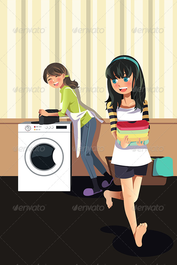 Mother Daughter doing Laundry - People Characters