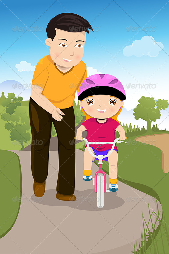Father Teaching his Daughter Riding a Bike - Sports/Activity Conceptual