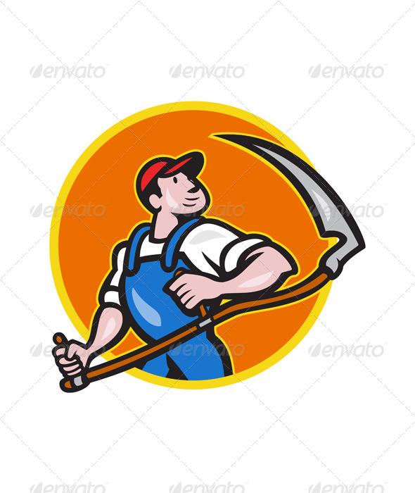 Farmer Worker Holding Scythe Circle Cartoon - People Characters