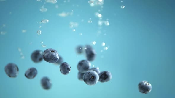 Super slow motion shot of blueberries falling into the water with a splash. Blue background.