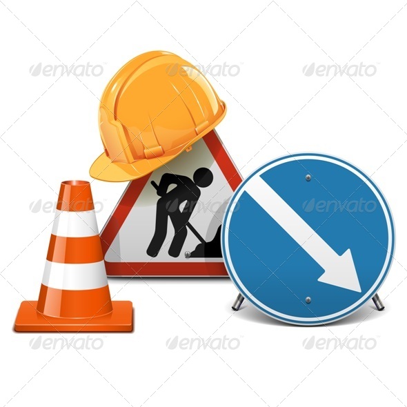 Vector Road Signs with Helmet and Cone - Industries Business