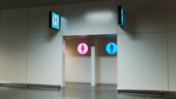 Public toilets at the airport terminal or other station. Woman. Man. WC. 4k HD alt