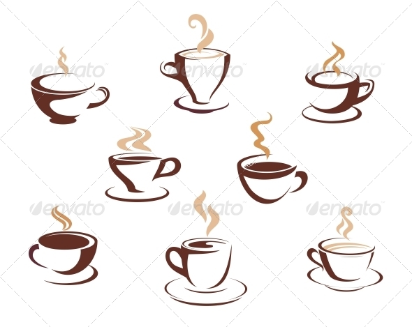 Set of Steaming Cups of Hot Beverages - Food Objects