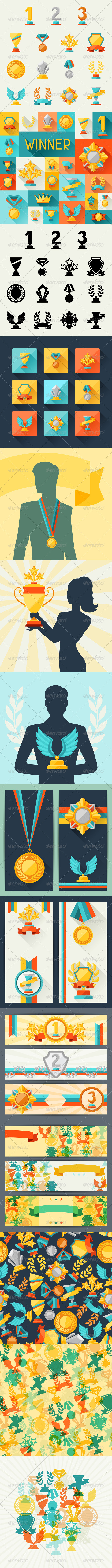 Trophy and Awards in Flat Design Style. - Sports/Activity Conceptual