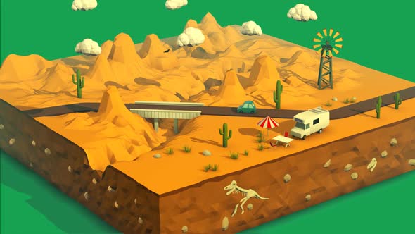 Low poly animation. Sunny desert landscape with rocky terrain and a few clouds.