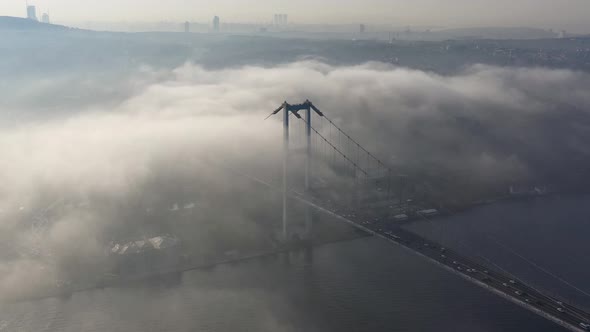 aerial video of bosphorus Bridge on a foggy day in Istanbul, Turkey. July 15 Martyrs Bridge 04 alt