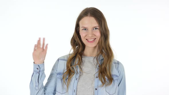 Waving Hand to Welcome, Beautiful Woman on White Background alt