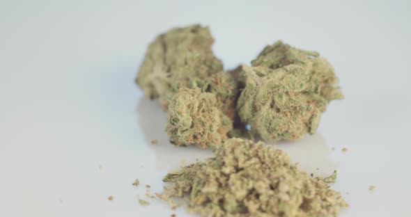 Macro shot of medicinal marijuana flowers and joint on white surface alt