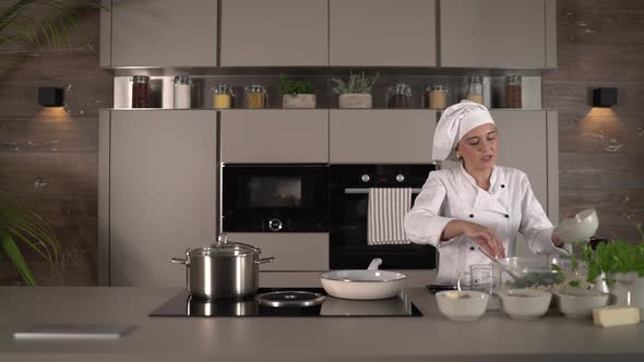 Food Video, Woman Female Cook Mixing Fresh Ingredients in Bowl in Kitchen