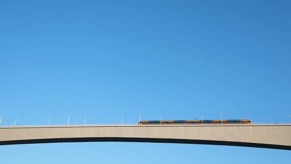 European Electrical Trains Moves on Bridge Railways in City of Porto Portugal alt