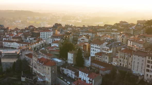 Aerial View of Dense Historic Center of Thiers Town in PuydeDome Department AuvergneRhoneAlpes alt