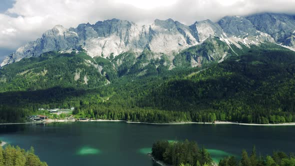 Breathtaking aerial view of Eibsee in Bavaria, Germany