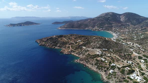 Faros beach on the island of Sifnos in the cyclades in Greece seen from the sky alt