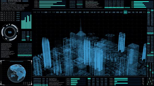 HUD Futuristic Virtual 3D Hologram City Target Scanning Mission Communication Report Panel