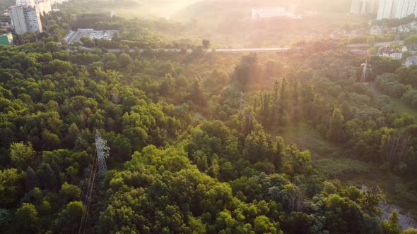 Aerial morning road way in greenery, Kharkiv city