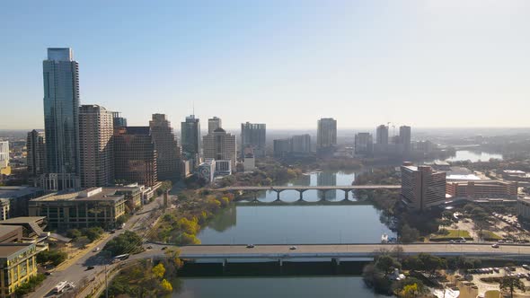 Austin, Texas. Morning time aerial footage of downtown area alt