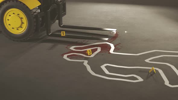Warehouse forklift operator accident. Crime scene. Violation of working rules.