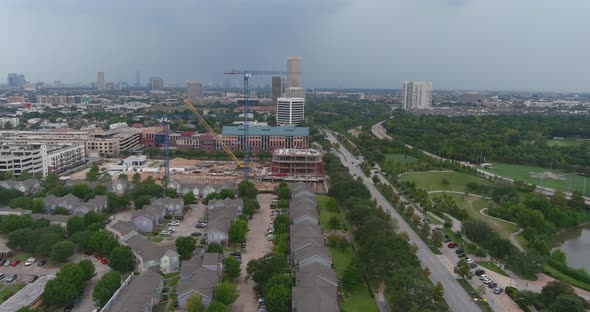 Aerial view of city of Houston landscape near the Buffalo Bayou. This video was filmed in 6k and dow alt