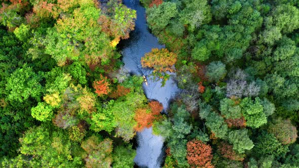 Top view of Kayaking on river in autumn, Europe alt