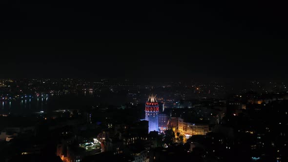 Golden Horn And Galata Tower Aerial View At Night 