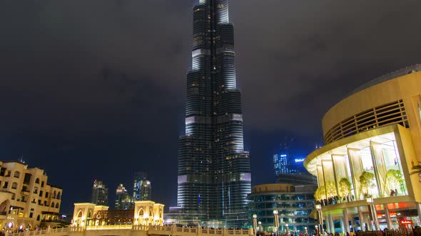 Dubai Burj Khalifa at Night Time Lapse. Pan Up alt