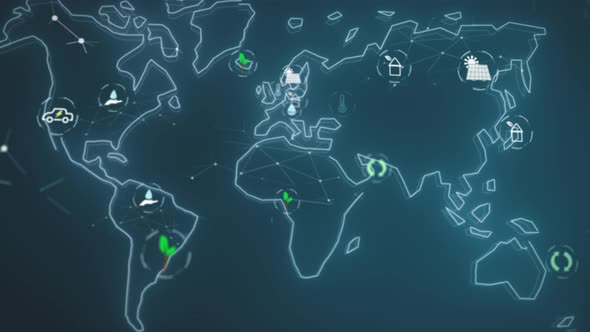 World map digital network ecological symbols, Concept green energy transition, climate change, solar alt