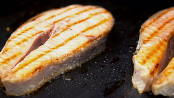 Fish Salmon Cuts Being Grilled