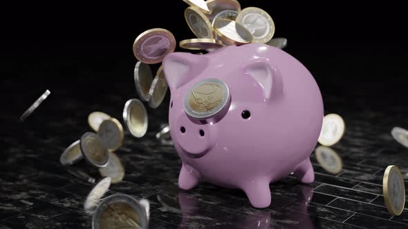 Falling Euro Coins on the Money Box Pig and Marble Tiles Floor