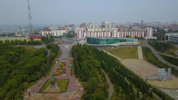 Ufa Bashkortostan Russia Monument to Salavat Yulaev in Ufa at Summer Cloudy Day  Aerial Drone View alt