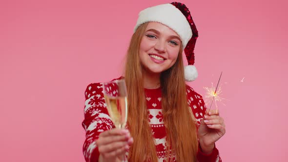 Christmas Girl Dancing with Bengal Sparklers Fireworks and Champagne Sending Wishes Congratulation alt