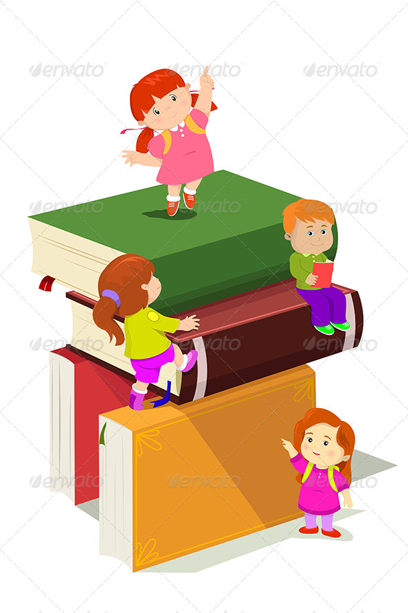 Kids Climbing in Stack of Books - People Characters