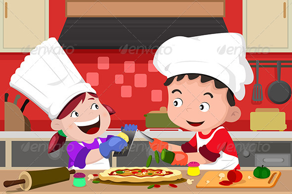 Kids Making Pizza in the Kitchen - People Characters