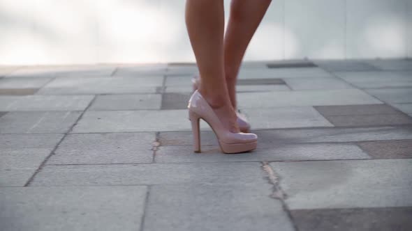 Closeup Unrecognizable Sexy Female Feet in High Heels Walking Along ...